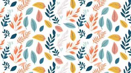 A seamless pattern with colorful leaves and branches on a white background.