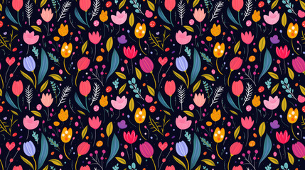 Colorful tulips and other flowers on a dark blue background.