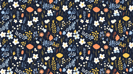 A seamless pattern of various flowers and plants on a dark blue background.