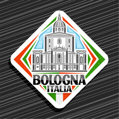 Vector logo for Bologna, white rhomb road sign with illustration of famous madonna di san luca in bologna on day sky background, decorative urban refrigerator magnet with black text bologna, italia