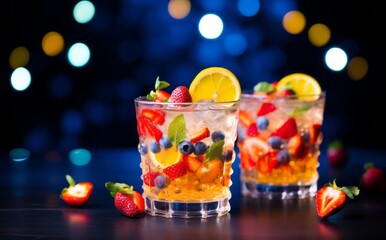 Fototapeta premium Refreshment multicolor fruit cocktail with ice, lemon and mint in a bar, night club party with soft drinks
