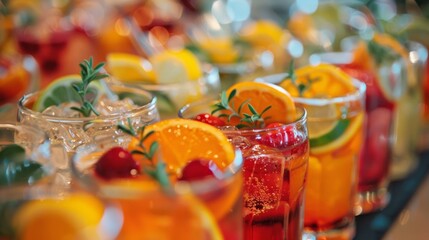Fototapeta premium A spread of colorful and fruity drinks garnished with fresh herbs and citrus slices adding a touch of elegance to a nonalcoholic apÃ©ro for a special occasion.