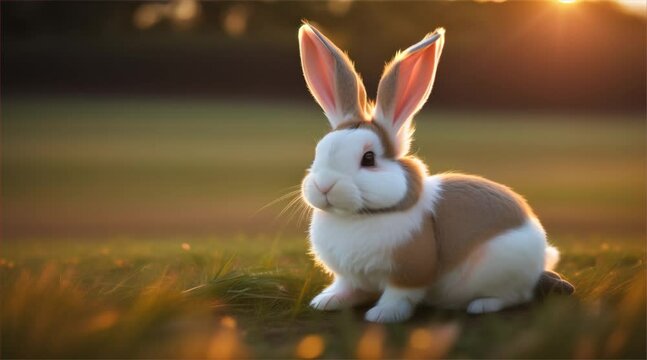 Adorable white bunny with fluffy ears hopping in the garden. Playful bunny celebrates Easter with colorful eggs in a charming spring illustration