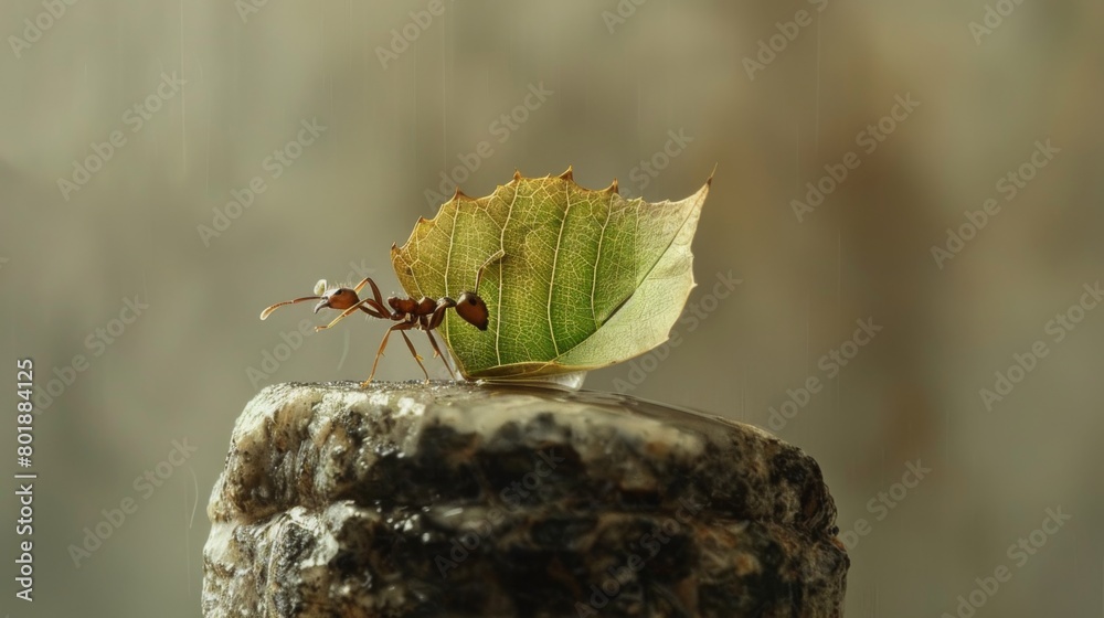 Poster A worker ant carrying a leaf fragment many times its size, showcasing the strength and determination of these tiny creatures.