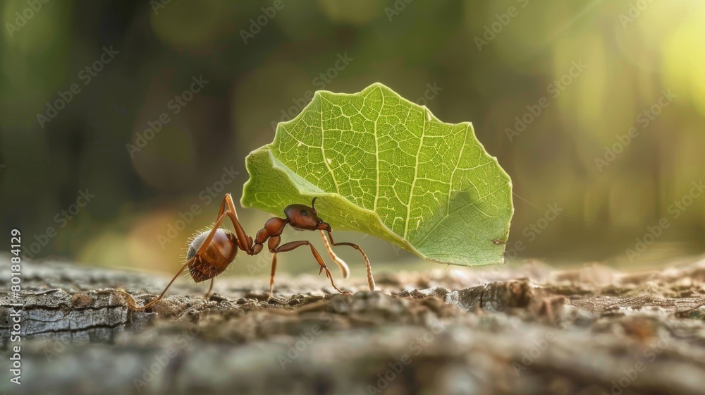 Poster a worker ant carrying a leaf fragment many times its size, showcasing the strength and determination