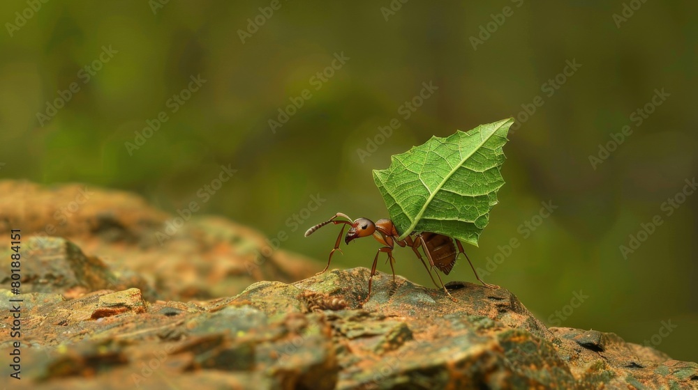 Poster A worker ant carrying a leaf fragment many times its size, showcasing the strength and determination of these tiny creatures.