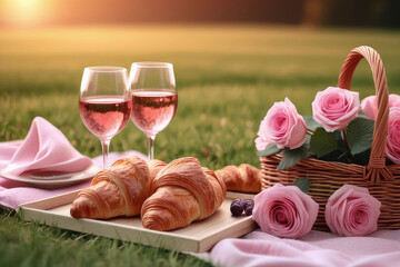 Sunset picnic with strawberries, croissants and appetizers and rose wine on the grass. - obrazy, fototapety, plakaty