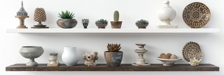 A set of floating shelves displaying a curated collection of ceramic sculptures, succulent plants, and decorative objects against a clean white background