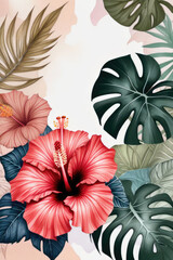 Tropical floral background with exotic hibiscus and monstera leaf art. Hawaiian mood.