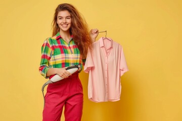 Beautiful young woman in red and green pants using an iron steaming the pink shirt hanging on hanger isolated over yellow background,