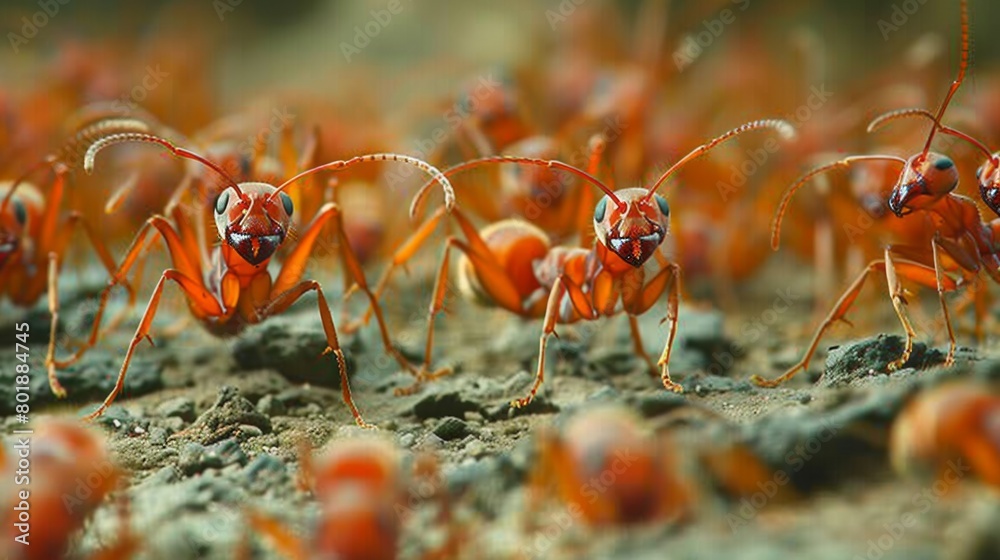 Poster An army of red ants marching in formation, determined and unified in their quest for resources.