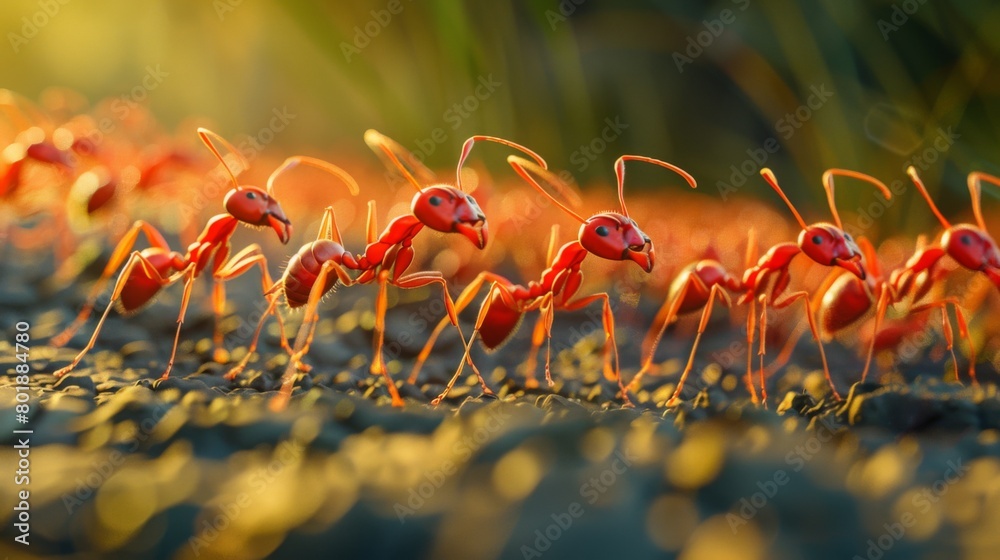 Poster An army of red ants marching in formation, determined and unified in their quest for resources.