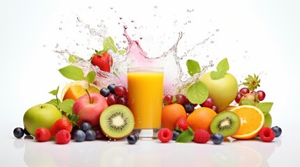 Fresh juice being poured into a glass with fruits around, on a white isolated background, healthy fast food,