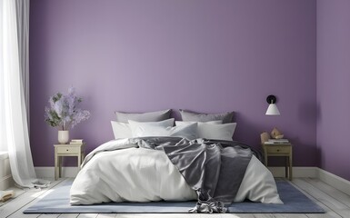 Empty-painted peri lavender soft purple wall. White and grey color bedding furniture and blank background.Bedroom interior trend 2024 year Modern luxury apricot room interior home designs.