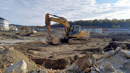 A construction site with two yellow excavators and a tower crane in the background.

