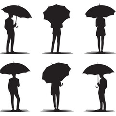 Vector set of people silhouette using umbrella with simple silhouette design style