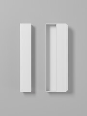Top view of tall box mockup, flip open lid rigid box mockup on isolated background, empty box mockup, long box container mockup, render image of geometry shape storage, blank product showcase package