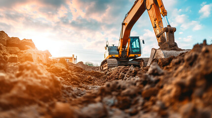 An excavator is digging a hole in the ground. The sky is orange and the sun is setting.

