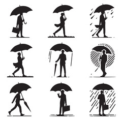 Vector set of people silhouette using umbrella with simple silhouette design style