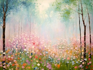 Obraz premium Natural scenery, forest, plant, trees and flowers, soft and dreamy feel, bright and pastel colors, slightly blurred edges