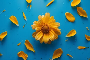 Vibrant Botanical Painting of a Yellow Flower Against a Bright Blue Background