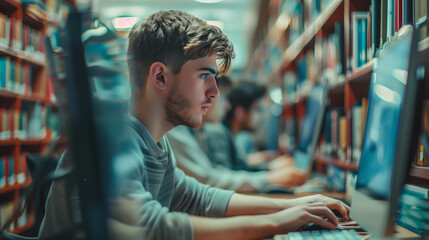 Student using computer studying in computer room. Group of students in study in computers room. Serious students working on computer at university