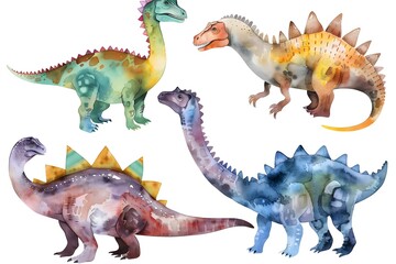 Fototapeta premium Vivid Watercolor Set of Colorful Dinosaurs for Children's Education