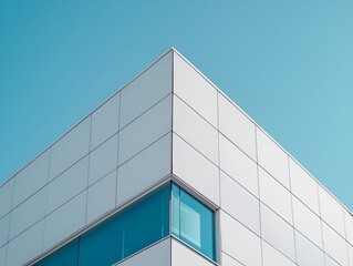Fototapeta premium The building is designed in an architectural style with minimalist details, showcasing its sharp angles against a clear sky background. 