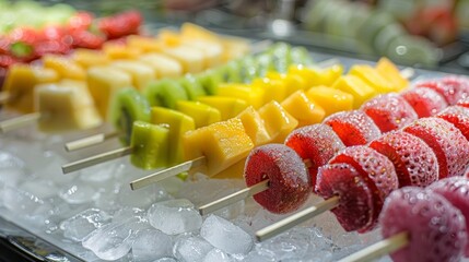 A display of colorful fruit kabobs on sticks meant to be added to glasses of ice water for a flavorful and healthy hydration option. - obrazy, fototapety, plakaty