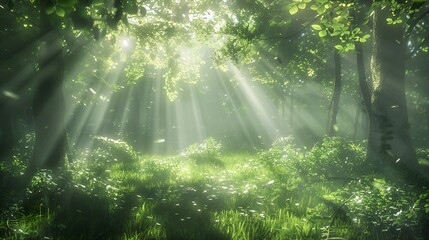 A lush green forest with sunlight streaming through the trees, casting dappled shadows on the ground. The scene has a focus on nature in the style of face.