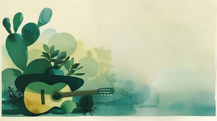 Vintage Guitar and Top Hat Illustration with Botanical Background