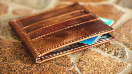 leather wallet laid flat on a surface, showcasing its compartments and slots for cards and cash, representing organization and convenience in daily life.