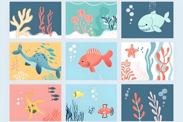 Vibrant Underwater Scenes and Playful Water Creature for Social Media Templates