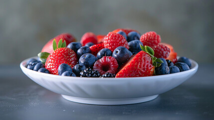 A solitary bowl of vibrant mixed berries, including strawberries, blueberries, and raspberries, arranged artfully on a white porcelain dish,