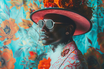 Capture a male model in a fashion editorial with a conceptual theme: avant-garde, using creative styling and props to convey the theme, mixed vintage, Art Decoratifs, and flora patterns...