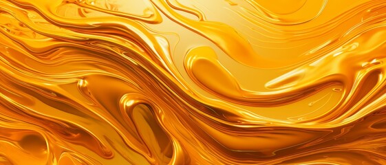 Abstract macro shot of liquid gold paint swirls, showcasing fluid dynamics and reflections,