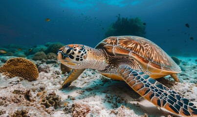 Obraz premium sea turtle swimming on seabed.