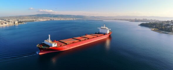 Obraz premium Drone captures tug boat towing empty barge at sea copy space image