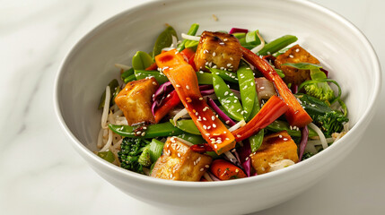 A single portion of colorful vegetable stir-fry served in a white ceramic bowl, of vibrant vegetables and tofu, lightly glazed with savory sauce, ready to be enjoyed as a nutritious meal.