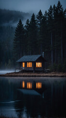 Isolated Lake Cabin surrounded by mist in a pine forest during a chilly night, its warm, glowing windows contrasting with the cool, dark ambiance.