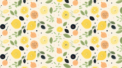 A seamless pattern with hand-drawn lemons, oranges, and leaves