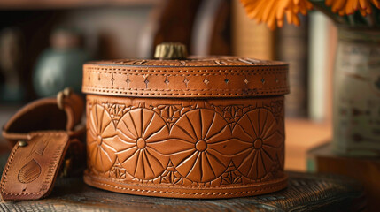 handcrafted patch box made from genuine leather, with embossed patterns and stitching adding a touch of elegance and craftsmanship to this versatile storage accessory.