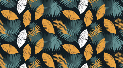 A seamless pattern with white, yellow and green tropical leaves on a dark background.