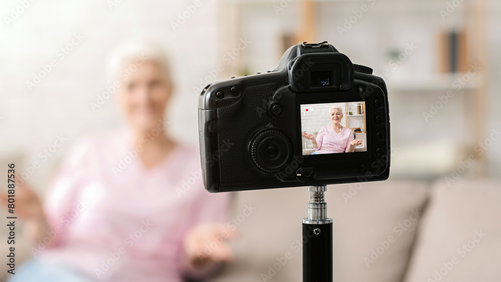 Poster senior woman is seated on a couch, facing a camera directly in front of her. she appears to be posin