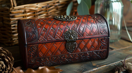 handcrafted patch box made from genuine leather, with embossed patterns and stitching detail adding a touch of elegance 