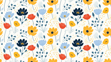 Colorful floral pattern with red, blue, and yellow flowers.