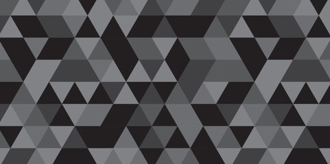Abstract geometric black and gray background seamless mosaic and low polygon triangle texture wallpaper. Triangle shape retro wall grid pattern geometric ornament tile vector square element.