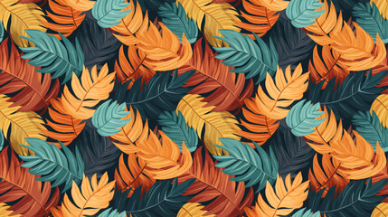 A seamless pattern of stylized tropical leaves in a retro color scheme.