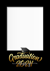 Class of 2024, Graduation photo frame format A4. Congrats Graduates, concept design for web stories or booth with black academic hat. Vector illustration