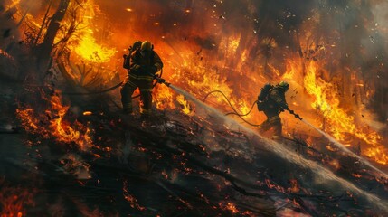 Close-up of firefighters using hoses to douse flames in a burning forest, their heroic efforts captured amidst the chaos.